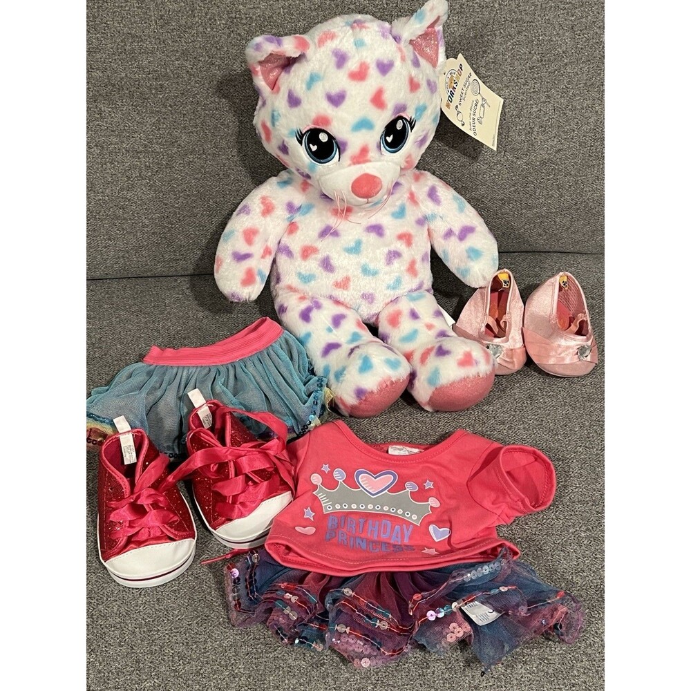 Build-A-Bear Workshop Rainbow SS Hearts Kitty Cat 16" New With Used Accessories